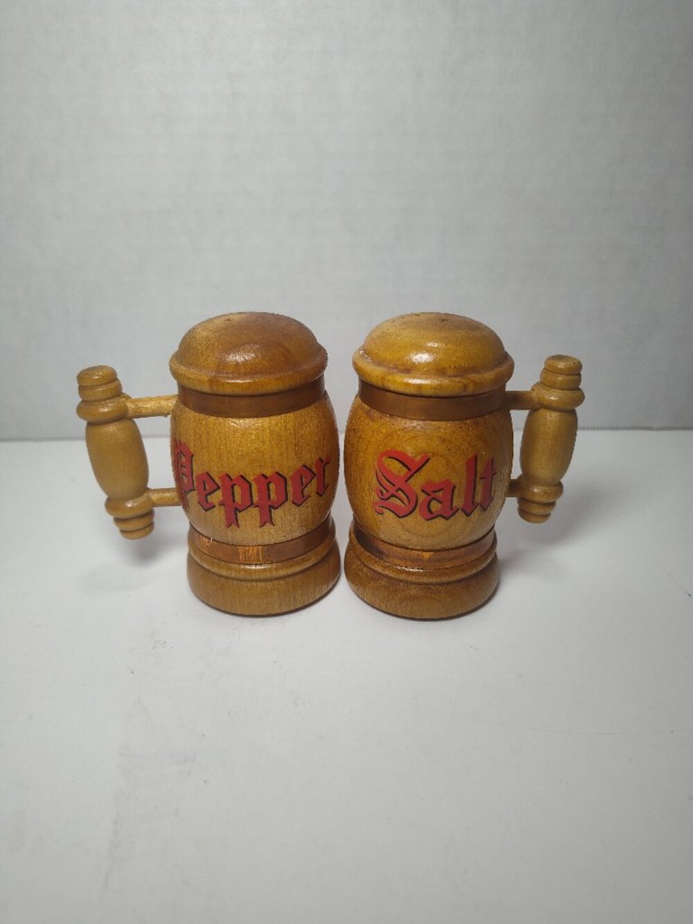 Vintage Wooden Beer Stein Salt & Pepper Shakers Handled Gothic Lettering